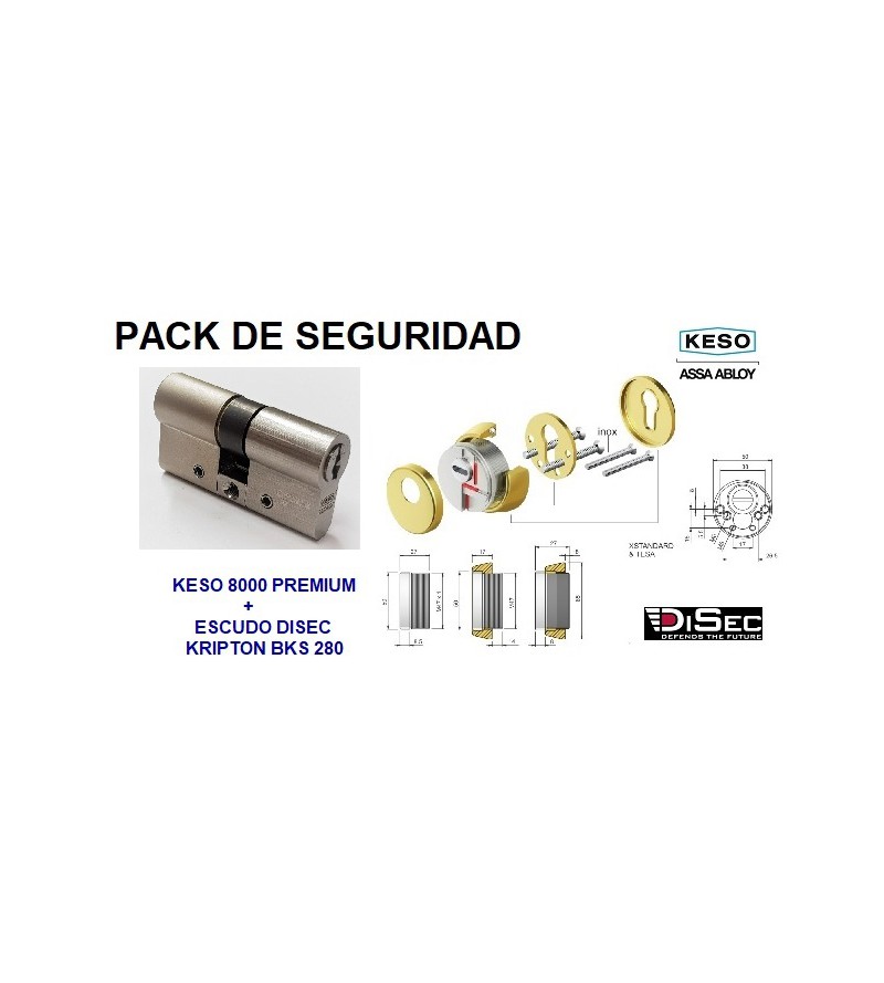 Pack Escudo DISEC KRIPTON BKS280 Dorado + Cilindro KESO 8000